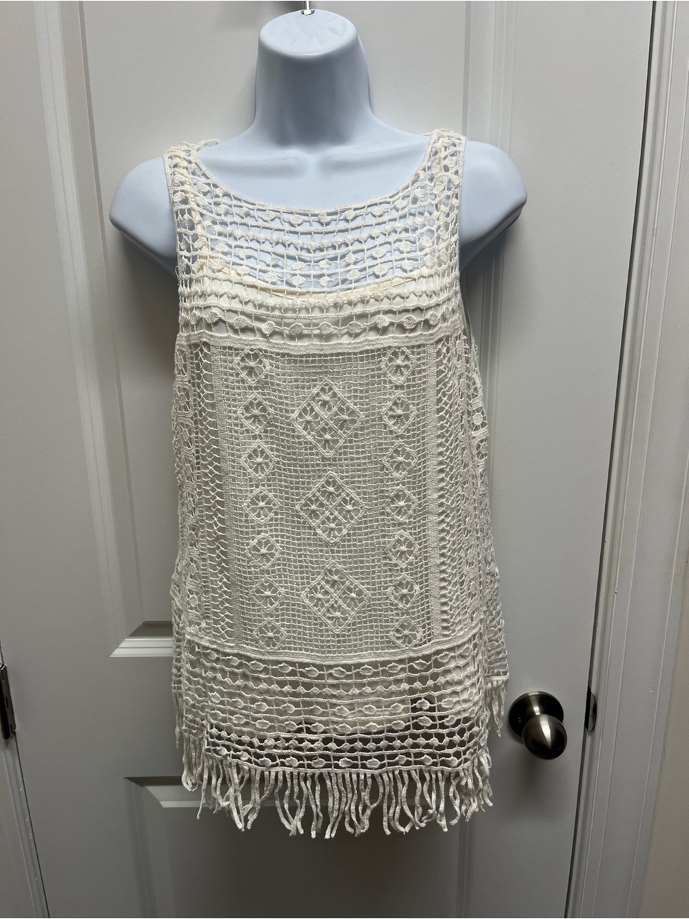 Lauren Ralph Lauren Cream Cotton Crochet Knit Fringe Tank Top PM